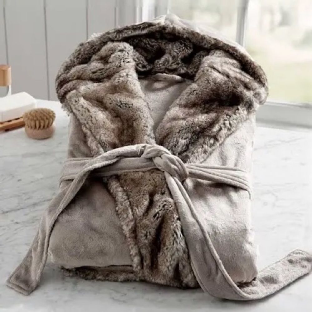 Ombre Tipped Faux Fur Robe, Large, Gray/Caramel